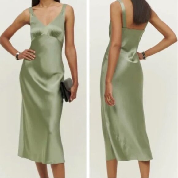 BEST Reformation Daytona Midi Dress Medium Artichoke Green Wedding Silk Slip - Picture 2 of 10